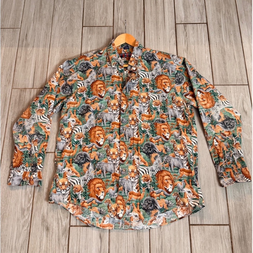 Boston Preparatory Co Mens Safari Animal Print Button Down Shirt Large USA Made